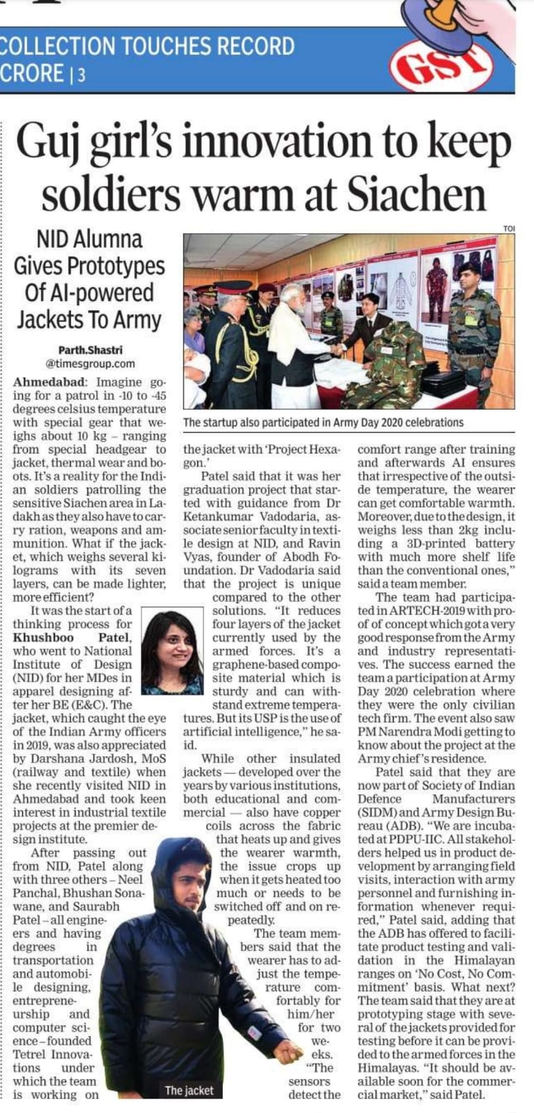 The Times of India Arcticle : https://timesofindia.indiatimes.com/city/ahmedabad/guj-girls-innovation-to-keep-soldiers-warm-at-siachen/articleshow/91243965.cms